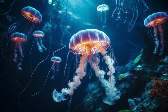 Beautiful glowing pink jellyfish in the ocean swim among the coral reef under water. Dangerous jellyfish with long tentacles and a sting. Generative AI.