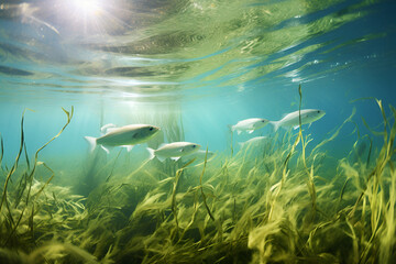 Fototapeta na wymiar Green grass and fish in the blue water