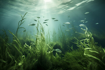 Fototapeta na wymiar Colorful water reef with green algae and fishes, with sun rays underwater