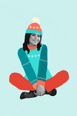 3d retro abstract creative artwork template collage of funny cute female comfort warm clothes happy...