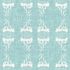 Teal aqua white vibrant watercolor batik azulejos tile background. Seamless coastal blur linen effect geometric mosaic effect.Boho Patchwork nautical masculine all over summer fashion repeat.