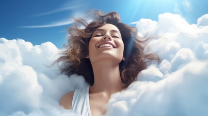 Sweet dreams: beautiful happy satisfied young woman having a good sleep and dreaming on a fluffy comfortable cloud bed.