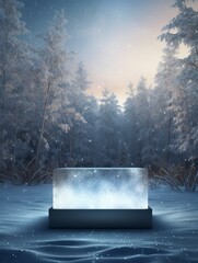 mockup of a podium that stands on the frozen grass for product presentation, on background winter forest, generative ai