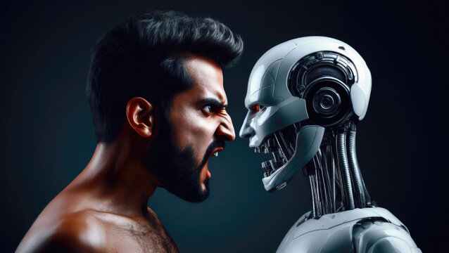 Illustration concept art. Tech vs. Humanity - The Duel of Emotions. Human vs. Robot Rage - Face-to-Face Challenge.