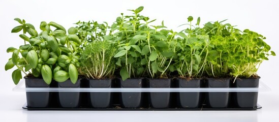 Seedlings of different plants in a plastic container on a white background Hobby gardening at home