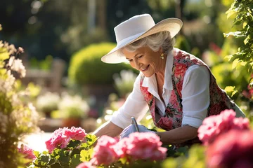 Foto op Canvas The portrait of a happy senior or older woman is doing gardening to take care of her flowers, roses or carnations, on a warm sunny morning. Generative AI. © Surachetsh