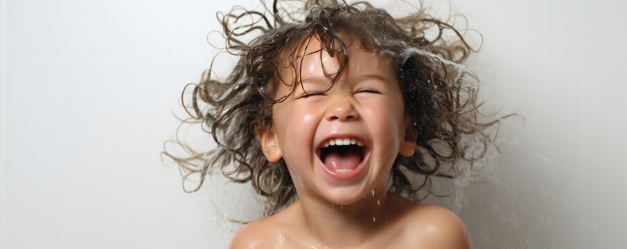 Naklejki Happy young toddler girl in fresh shower on white background Generative AI