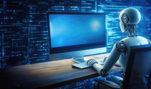 AI replacing jobs Illustration. Virtual Brushstrokes - AI-Powered Artistry. Programmer's Paradox - Embracing the Robot Assistants.