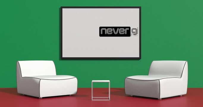 Modellazione 3D  e video di una parete con quadro e testo NEVER GIVE UP