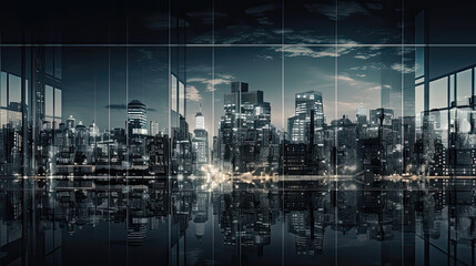 Fototapeta na wymiar City Lights Reflections: Modern Urban Skyline Panorama