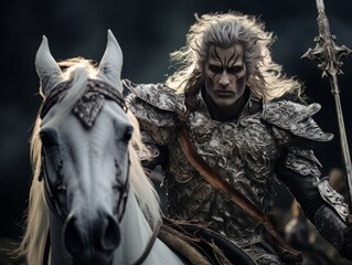 White horseman of apocalypse warrior in silver armor riding white horse AI