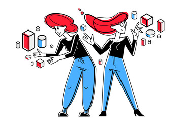 Creative workers doing some job and creating some system, inspired inventive designers or engineers composing abstract elements, vector outline illustration.