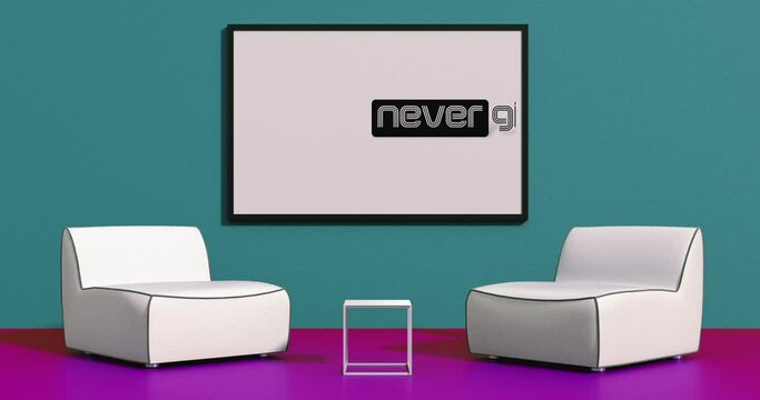 Modellazione 3D  e video di una parete con quadro e testo NEVER GIVE UP