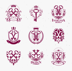 Vintage keys vector logos or emblems, heraldic design elements big set, classic style heraldry turnkeys symbols, antique secrets and locks.