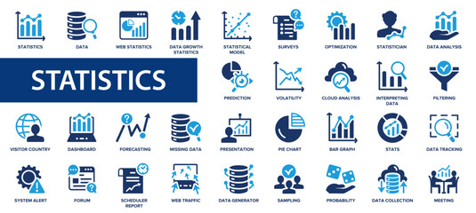 Statistics flat icons set. Graph, chart, cloud analysis, survey, prediction, web statistics icons and more signs. Flat icon collection.