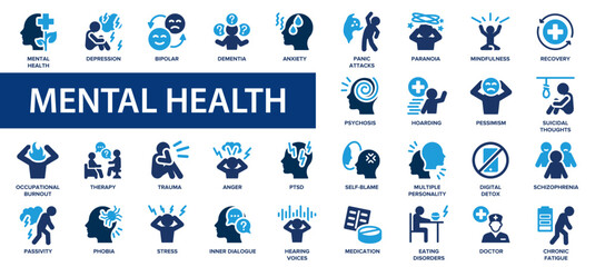 Mental health flat icons set. Loneliness, campaign, helpline, bipolar, mental care, panic icons and more signs. Flat icon collection.