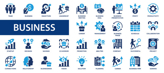 Business flat icons set. Meeting, partnership, business team, profit, company, management, planning, icons and more signs. Flat icon collection. - obrazy, fototapety, plakaty