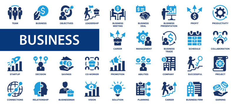 Business flat icons set. Meeting, partnership, business team, profit, company, management, planning, icons and more signs. Flat icon collection.