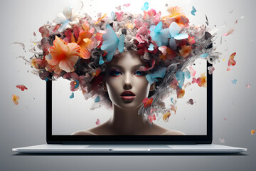 An artistic representation of a woman's face on a laptop screen with colorful abstract elements resembling flowers and butterflies emerging from it, set against a grey background