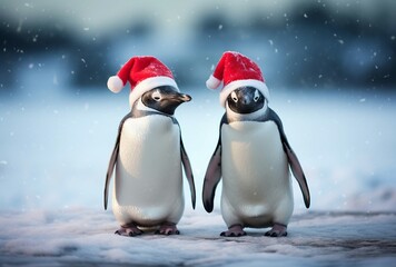 Two adorable penguins in snow wearing festive santa hats