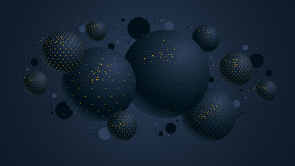 Black and yellow dotted spheres vector illustration, abstract background with beautiful balls with dots, 3D globes design concept art.