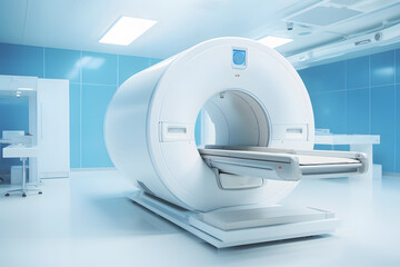 Modern MRI machine in a bright blue hospital room