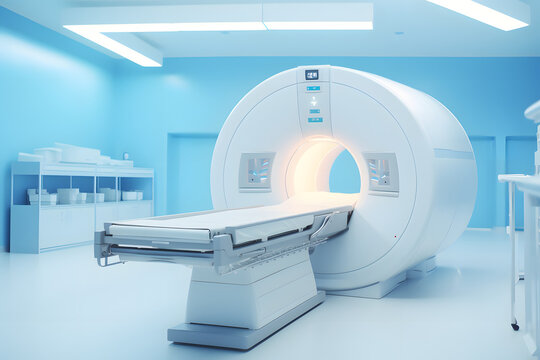 modern MRI machine positioned in the middle of a well-lit blue medical room. Additional equipment and furniture are present in the background