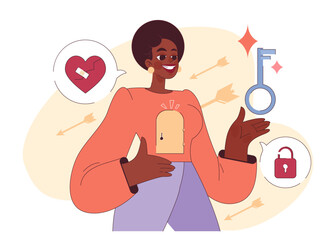 Authenticity and vulnerability. Positive psychology, empathic personality and self-expression. Mindfulness, self acceptance and well-being. Authentic self-realization. Flat vector illustration