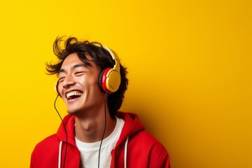 Happy man male young cheerful earphones music - obrazy, fototapety, plakaty