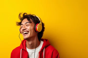Tuinposter Happy man male young cheerful earphones music © VICHIZH