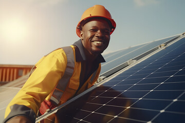 A man in a hard hat is by a solar panel with sunlight in the background
