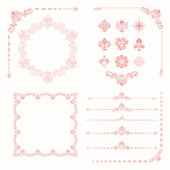 Vintage set of vector horizontal, square and round elements. Elements for backgrounds and frames. Classic pink patterns. Set of vintage patterns