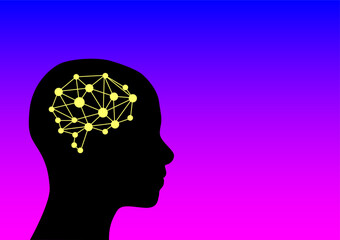 AI and technology concept. Shilloate human head with yellow circuit brain on pink and blue background.