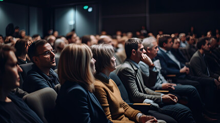 an audience in an auditorium watching a presentation, Rear view of people in audience at the conference hall, Speaker giving a talk in conference hall at business event - obrazy, fototapety, plakaty