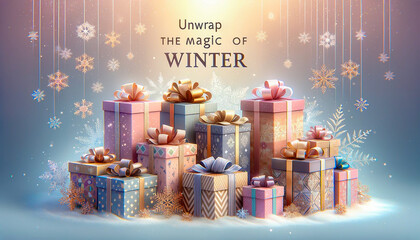 冬の魔法を解き放つ：ウインターギフトと雪の結晶、リアルな描写 - obrazy, fototapety, plakaty