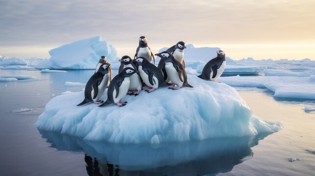 Concept of the problem of climate change, global warming and melting of glaciers. A colony of penguins are sitting on a large ice floe in the middle of the ocean. Aerial view, Generative AI.