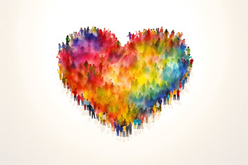 A multicolored heart design with silhouetted people lining its contours on white