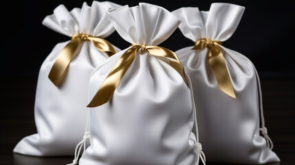 Illustration of three white bags with golden ribbons on a gray background. Wallpaper.