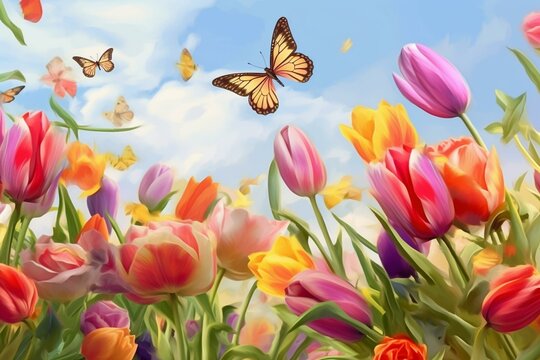 Colorful tulips and fluttering butterflies. Scenic backdrop of spring for online banners. Generative AI