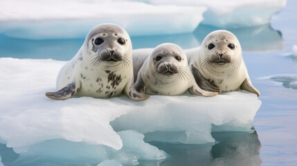 The concept of the problem of climate change, global warming and melting of glaciers. A group of white cute little seals are sitting on an ice floe in the middle of the ocean. Generative AI.