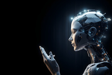 A side view of a luminous android female with her finger poised and a dark backdrop