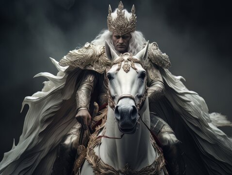 White horseman of apocalypse warrior in golden armor riding white horse AI
