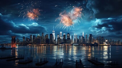 Fototapeta na wymiar Fireworks lighting up the night sky over an iconic city skyline
