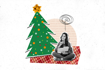 3d creative artwork template collage of dreamy girl read book tree christmas new year greeting card template holiday x-mas congratulation