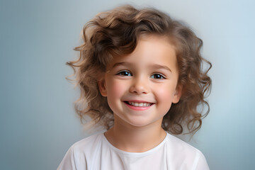 Portrait of cute smiling child with curly hair in front of studio background
