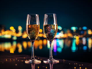 Two glasses of champagne with bokeh on against the background of the city on dark. Christmas and new year celebration.