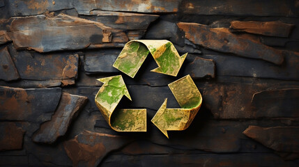 Green old paper recycle icon on a stone wall. Symbol, environment, ecology. Wallpaper, illustration, background.
