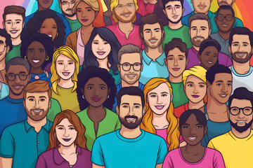 Illustrated diverse group of people with a variety of expressions against a light background