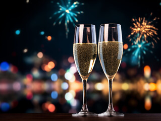 Two glasses of champagne with bokeh on against the background of the city and fireworks on dark. Christmas and new year celebration.