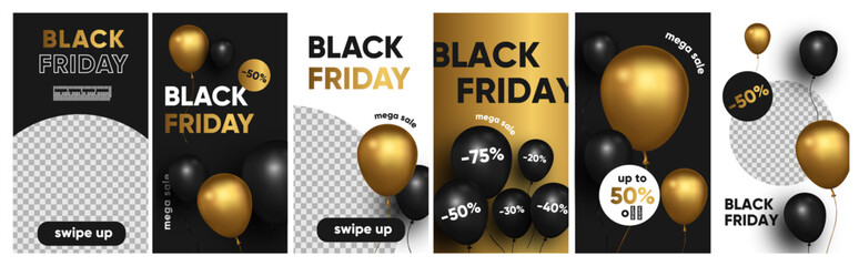 Black friday sale for social media, instagram stories and post, mobile app, banners, cards. Set of 6 stories template with balloons.